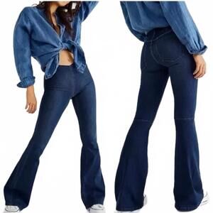 FREE PEOPLE BOHO Dark blue Penny Pull On Flare Bell Bottoms jeans size 27